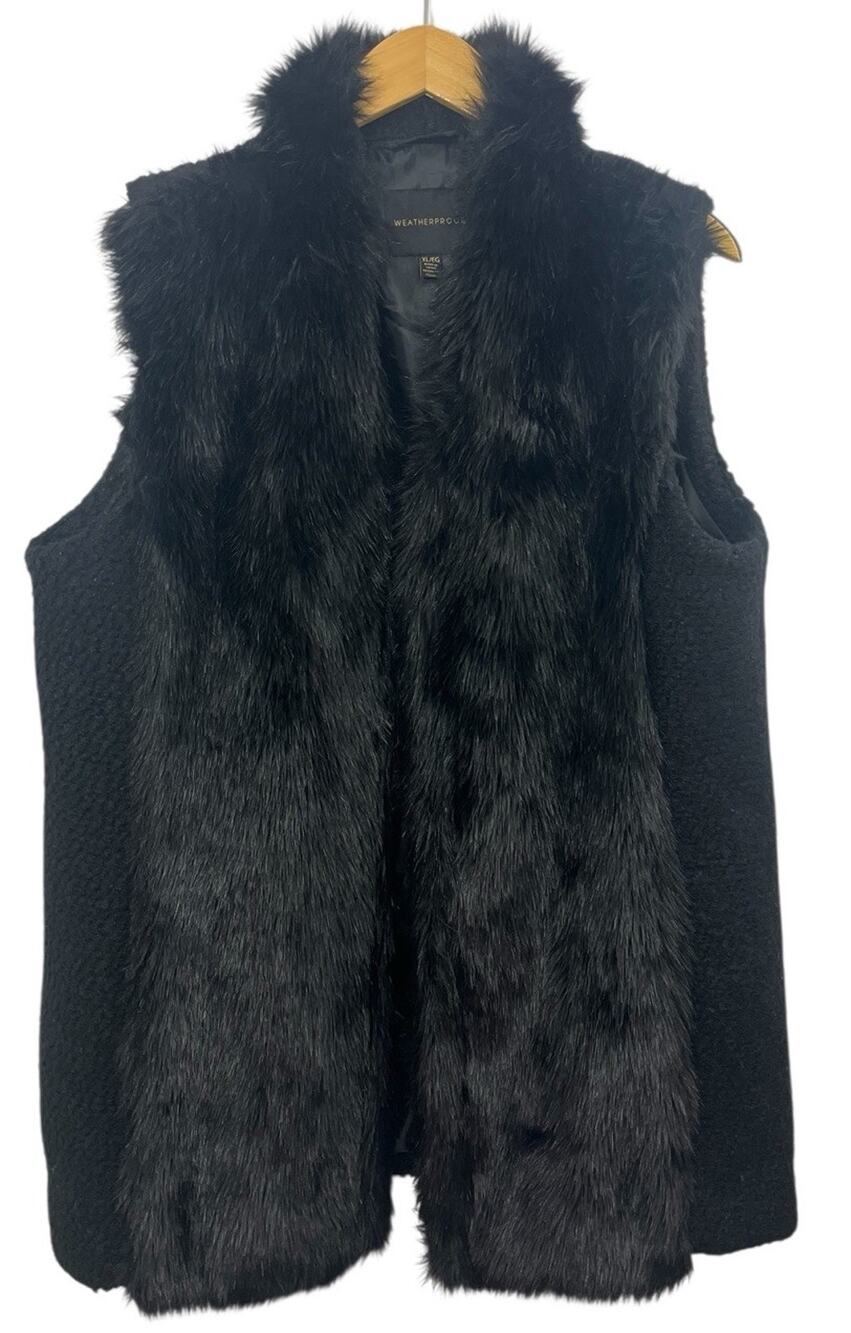 Weatherproof Faux Fur Vest XL Black Front Hook Sweater Mob Wife Sweater Glam